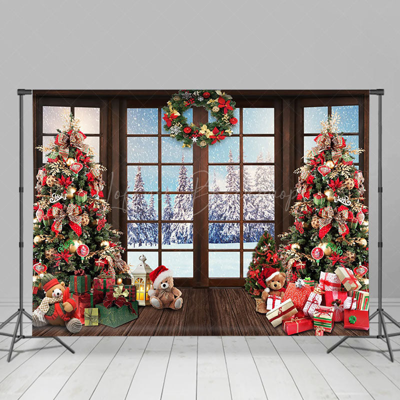 Lofaris Wooden Window Trees Gifts Forest Christmas Backdrop