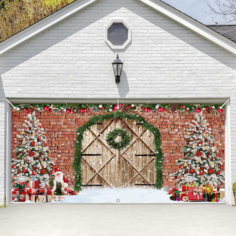 Lofaris Wreath Barn Door Brick Wall Xmas Garage Banner