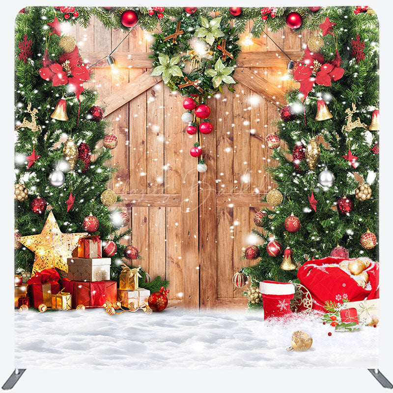 Lofaris Wreath Christmas Tree Wooden Door Square Backdrop