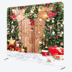 Lofaris Wreath Christmas Tree Wooden Door Square Backdrop