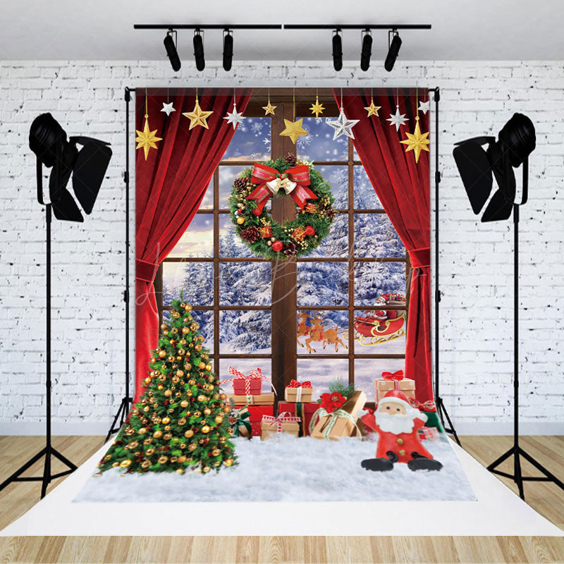 Lofaris Wreath Red Curtain Snowy Outside Christmas Backdrop