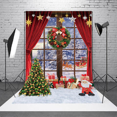 Lofaris Wreath Red Curtain Snowy Outside Christmas Backdrop