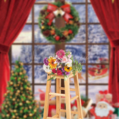 Lofaris Wreath Red Curtain Snowy Outside Christmas Backdrop