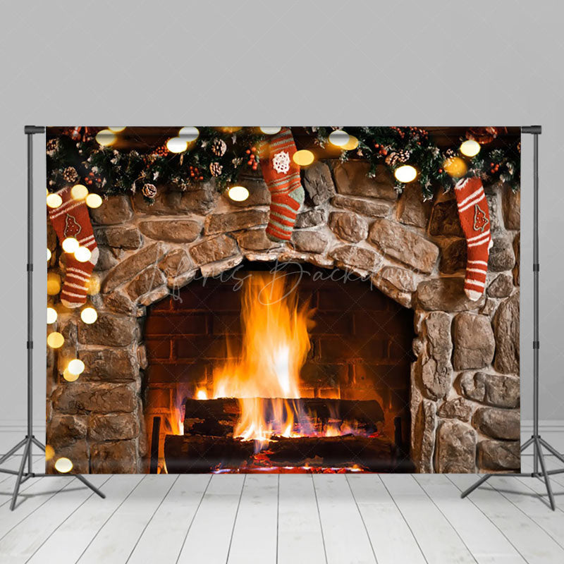 Lofaris Wreath Socks Stone Brick Fireplace Christmas Backdrop