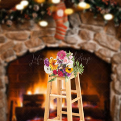 Lofaris Wreath Socks Stone Brick Fireplace Christmas Backdrop