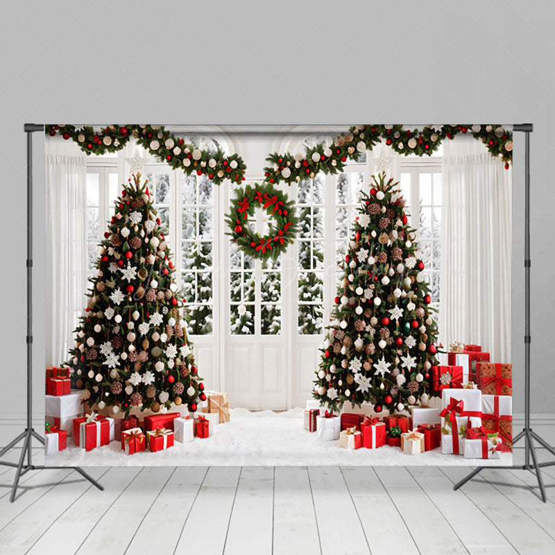 Lofaris Wreath White Window Pine Tree Gifts Christmas Bckdrop