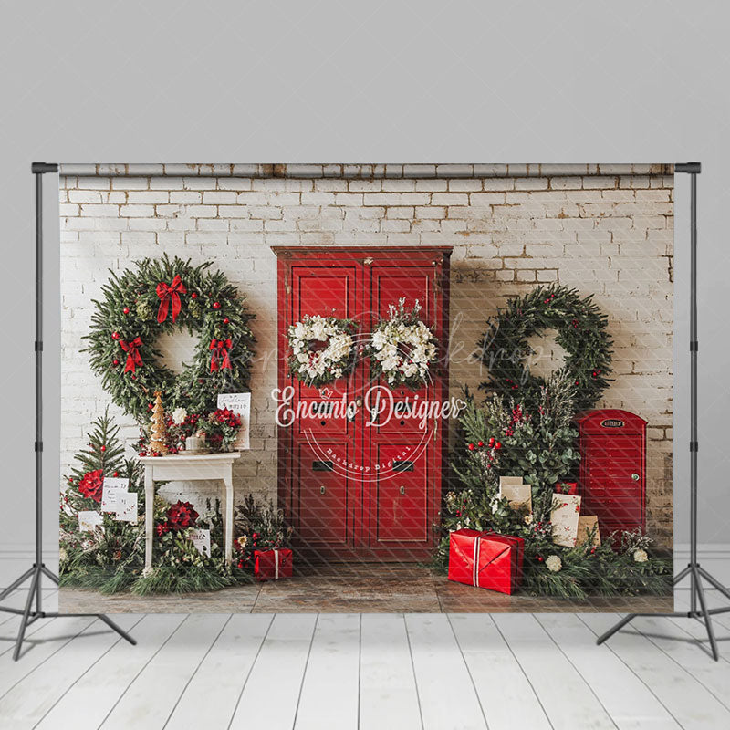 Lofaris Wreaths Red Door Christmas Winter Holiday Backdrop