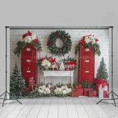 Lofaris Wreaths Red Door Warm Winter Christmas Scene Backdrop