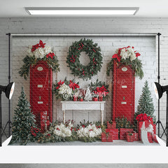 Lofaris Wreaths Red Door Warm Winter Christmas Scene Backdrop