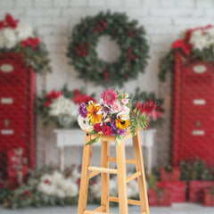 Lofaris Wreaths Red Door Warm Winter Christmas Scene Backdrop