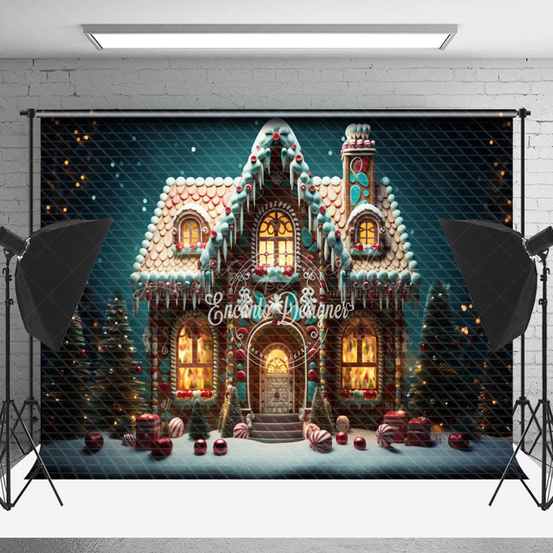 Lofaris Xmas Tree Gingerbread House Night Christmas Backdrop