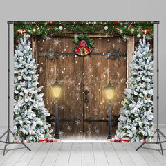 Lofaris Xmas Tree Retro Wooden Door Snowy Christmas Backdrop