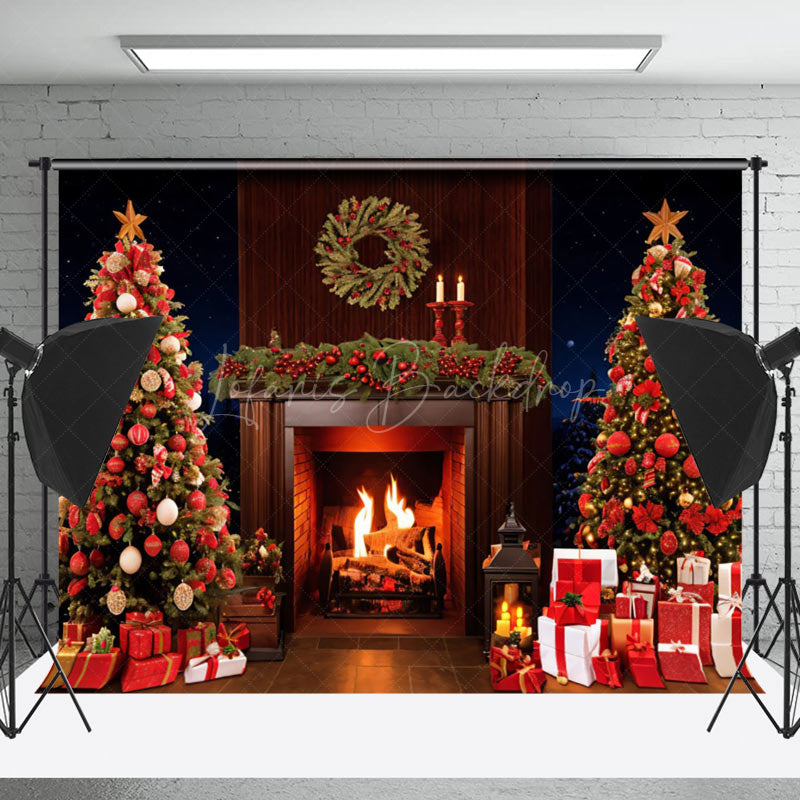 Lofaris Xmas Trees Gifts Retro Fireplace Christmas Backdrop