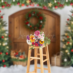 Lofaris Xmas Trees Wooden Door Vintage Christmas Backdrop