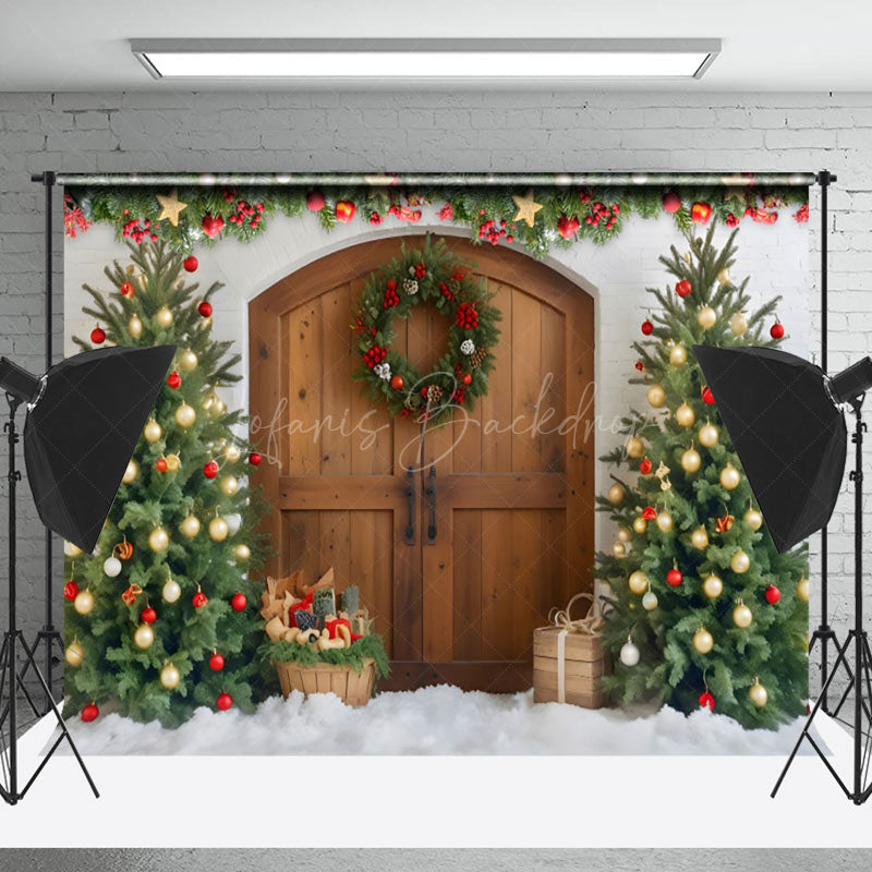 Lofaris Xmas Trees Wooden Door Vintage Christmas Backdrop