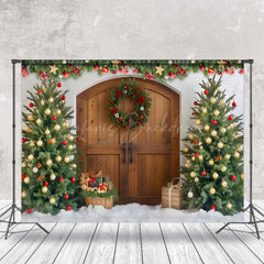 Lofaris Xmas Trees Wooden Door Vintage Christmas Backdrop