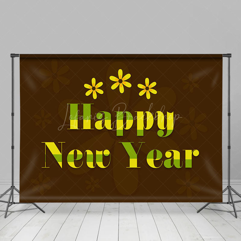 Lofaris Yellow Floral Dark Brown Happy New Year Backdrop