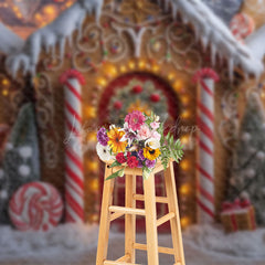 Lofaris Yellow Gingerbread House Candy Cane Xmas Backdrop