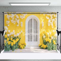 Lofaris Yellow House White Door Floral Spring Photo Backdrop