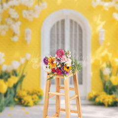 Lofaris Yellow House White Door Floral Spring Photo Backdrop