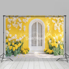 Lofaris Yellow House White Door Floral Spring Photo Backdrop