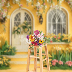 Lofaris Yellow Retro Garden Cabin Floral Spring Backdrop