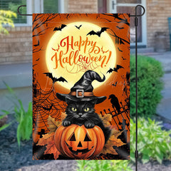 Lofaris Lofris Black Cat Pumpkins Moon Night Halloween Garden Flag