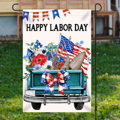 Lofaris Lofris Retro Green Car Floral Happy Labor Day Garden Flag