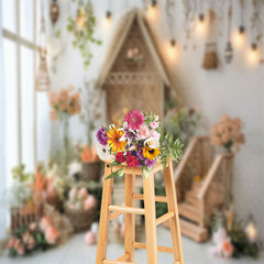 Lofaris Log Cabin Staircase Easter Egg Spring Photo Backdrop