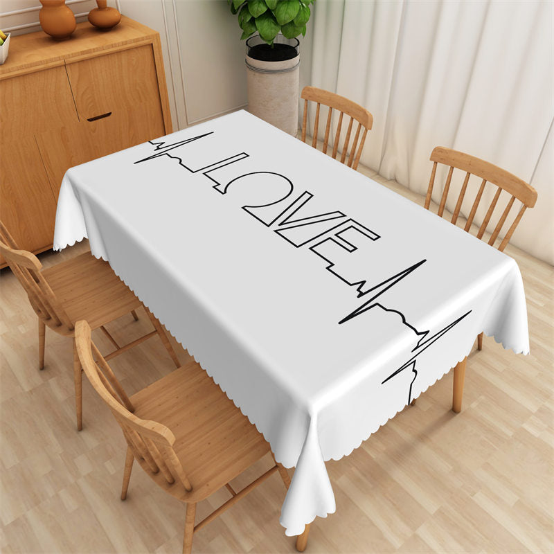 Lofaris Love Black Wave Line White Rectangle Tablecloth