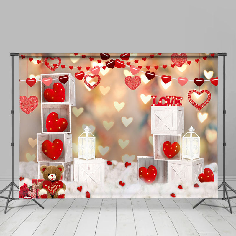 Lofaris Love Hearts Teddy Bear Bokeh Valentines Day Backdrop