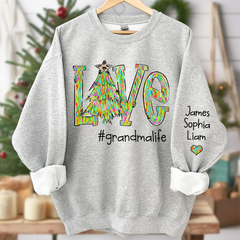 Lofaris Love Tree Color Leopard Print Merry Christmas Grandmalife and Grandkids on sleeve Sweatshirt