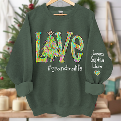 Lofaris Love Tree Color Leopard Print Merry Christmas Grandmalife and Grandkids on sleeve Sweatshirt