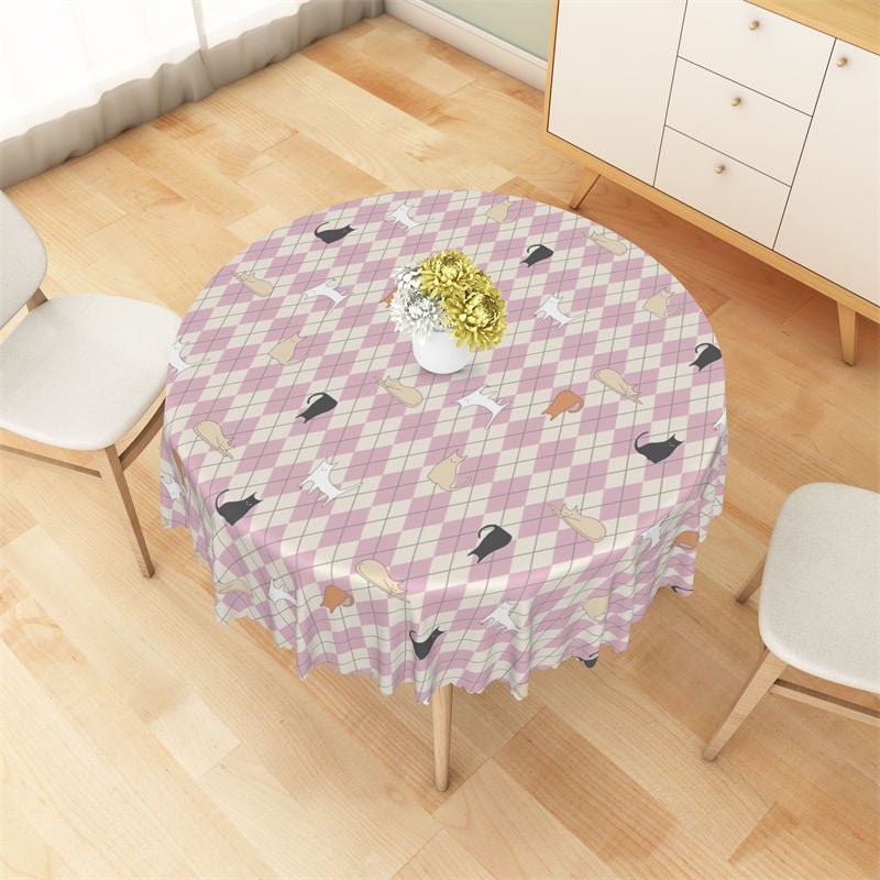 Lofaris Lovely Cats Pattern Pink Argyle Circle Tablecloth