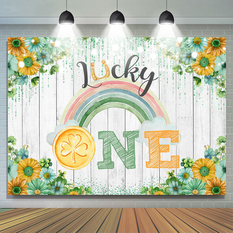 Lofaris Lucky One Rainbow Floral Wood 1st Birthday Backdrop