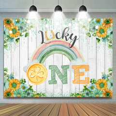 Lofaris Lucky One Rainbow Floral Wood 1st Birthday Backdrop