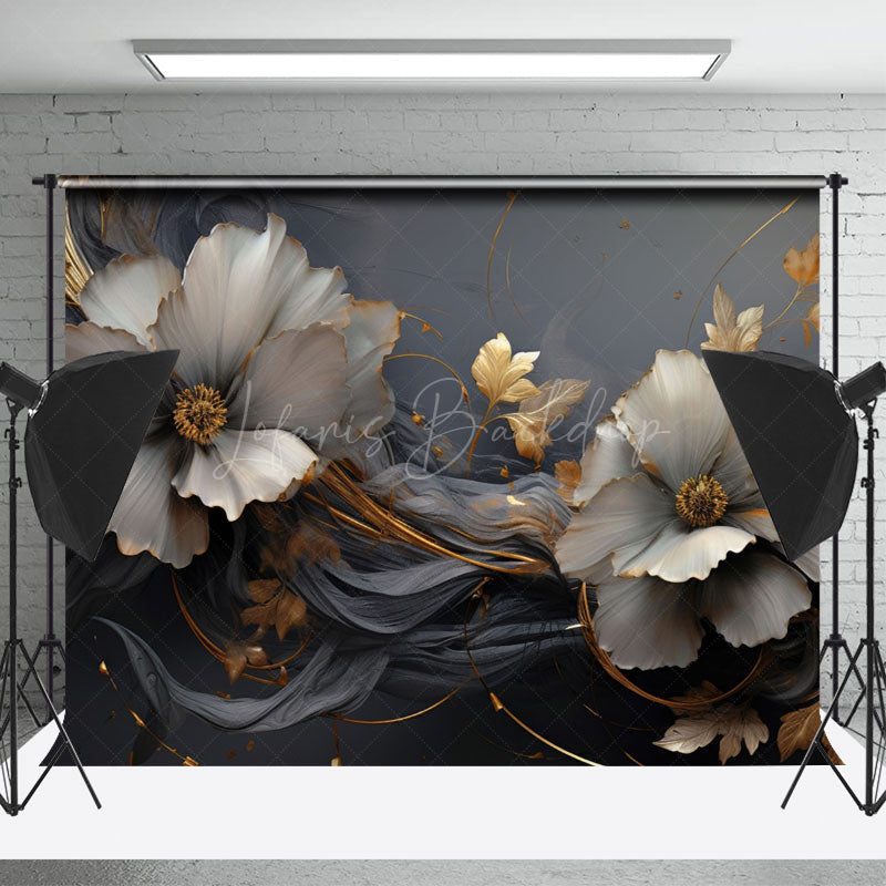 Lofaris Luxury Dark Grey Gold Floral Photo Studio Backdrop