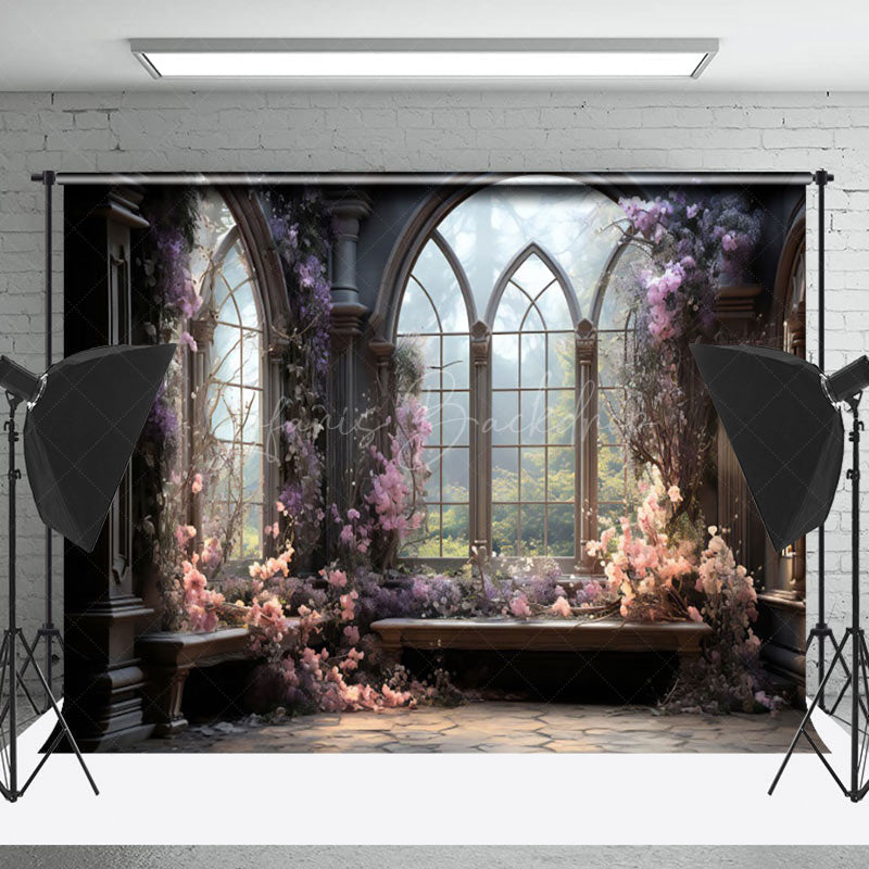 Lofaris Luxury Dark Grey Purple Floral Window Photo Backdrop