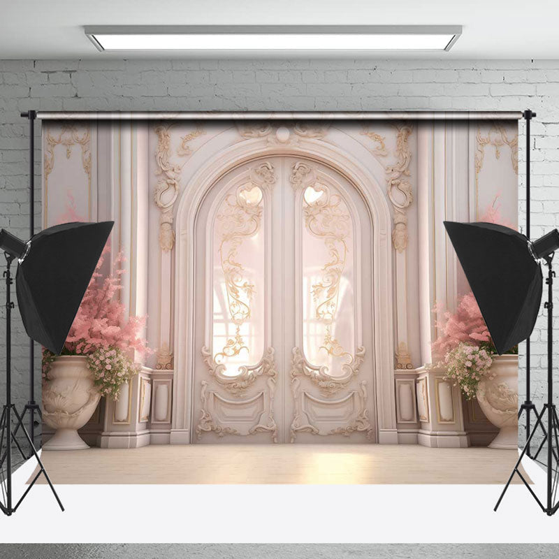 Lofaris Luxury Elegant White Door Pink Flower Photo Backdrop