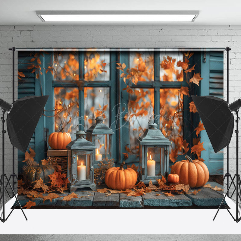 Lofaris Maple Leaf Retro Teal Window Candle Autumn Backdrop