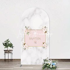 Lofaris Marble White Pink Floral Cross Baptism Arch Backdrop