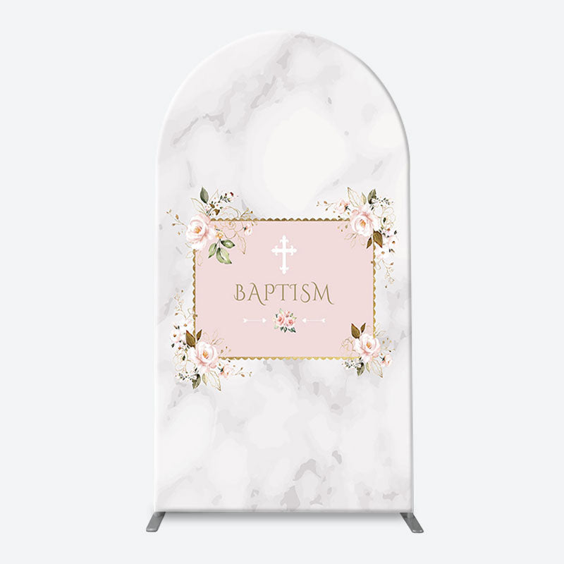 Lofaris Marble White Pink Floral Cross Baptism Arch Backdrop