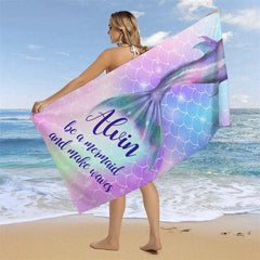 Lofaris Mermaid Custom Name Purple Beach Towel for Girls