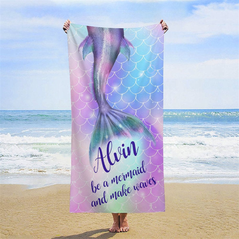 Lofaris Mermaid Custom Name Purple Beach Towel for Girls