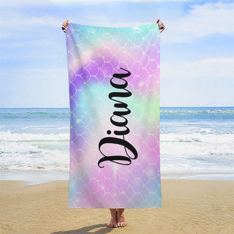 Lofaris Mermaid Glitter Custom Name Girl Summer Beach Towel