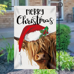 Lofaris Merry Christmas Cow Santa Hat Burlap Garden Flag