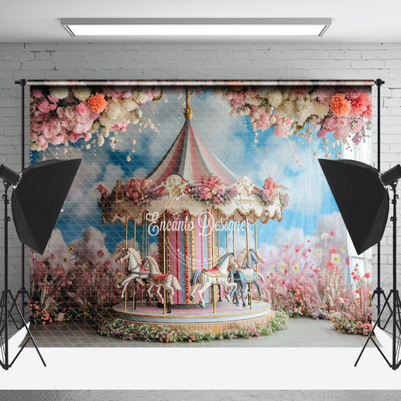 Lofaris Merry Go Round Pink Floral Blue Sky Cloud Backdrop