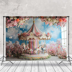 Lofaris Merry Go Round Pink Floral Blue Sky Cloud Backdrop