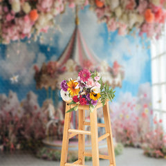 Lofaris Merry Go Round Pink Floral Blue Sky Cloud Backdrop