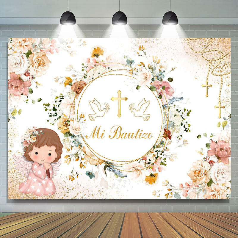 Lofaris Mi Bautizo Circle Flowers Girl Baptism Backdrop